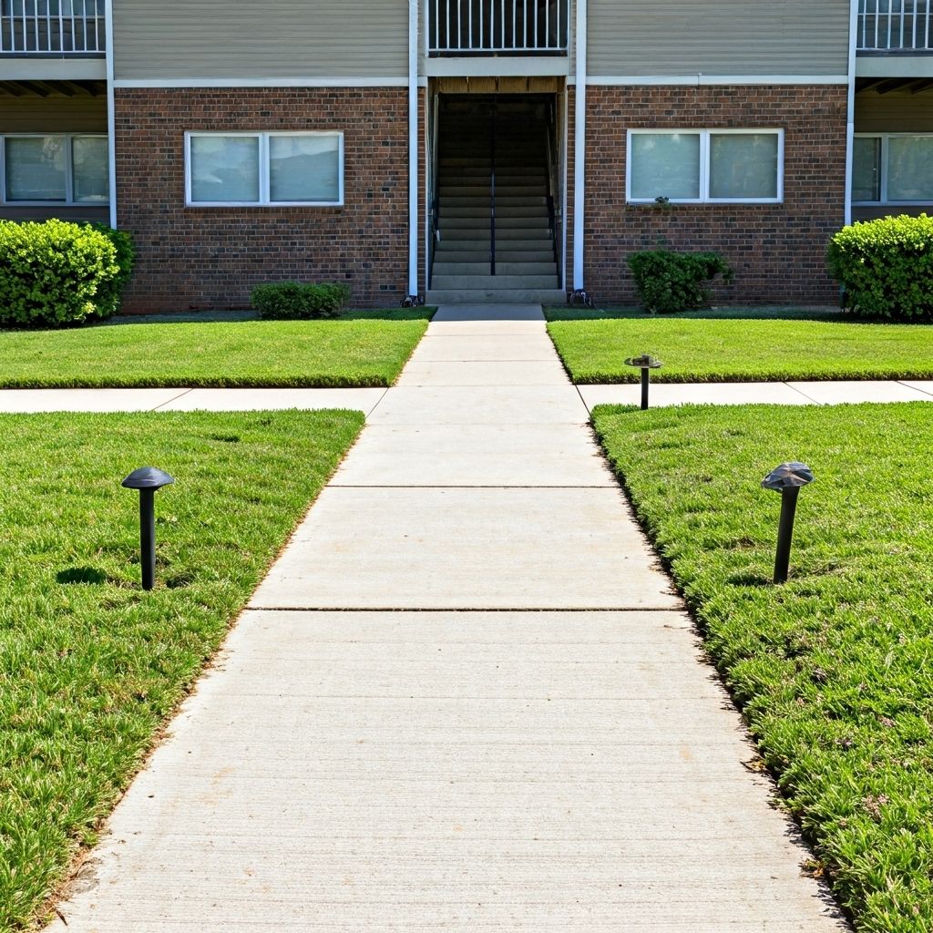 Apartment complex concrete walkway showing settling and void issues requiring professional lifting repair