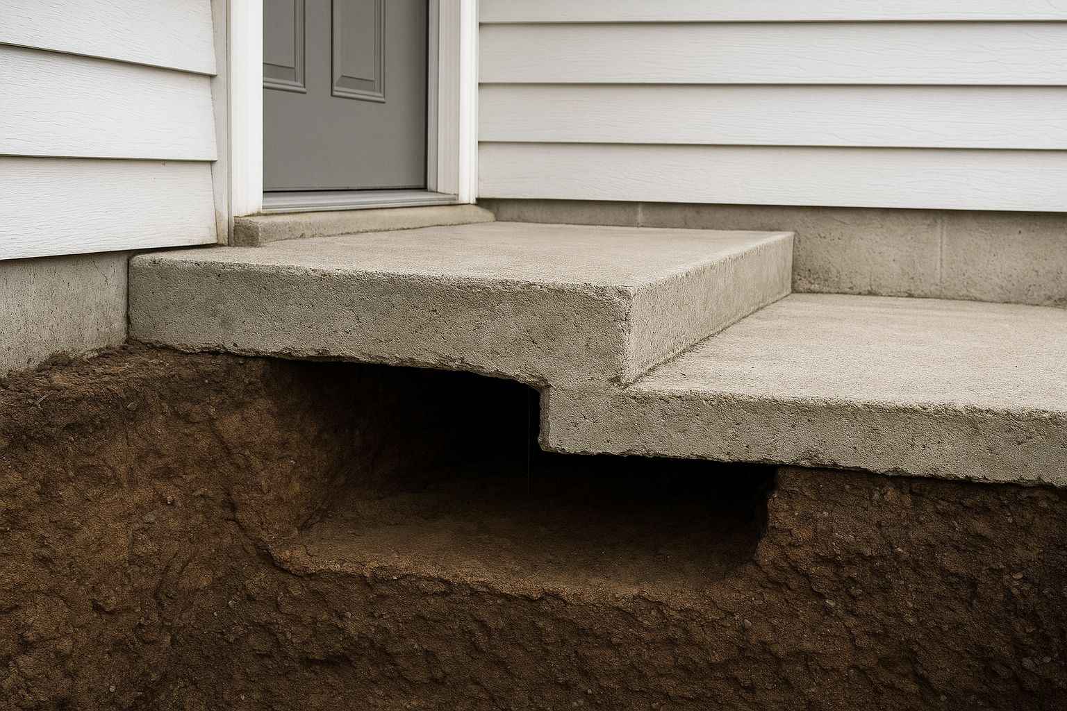 Concrete steps showing settling damage with visible gaps underneath