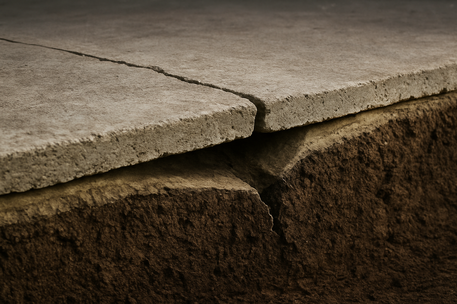 Close-up view of cracked concrete showing soil erosion underneath