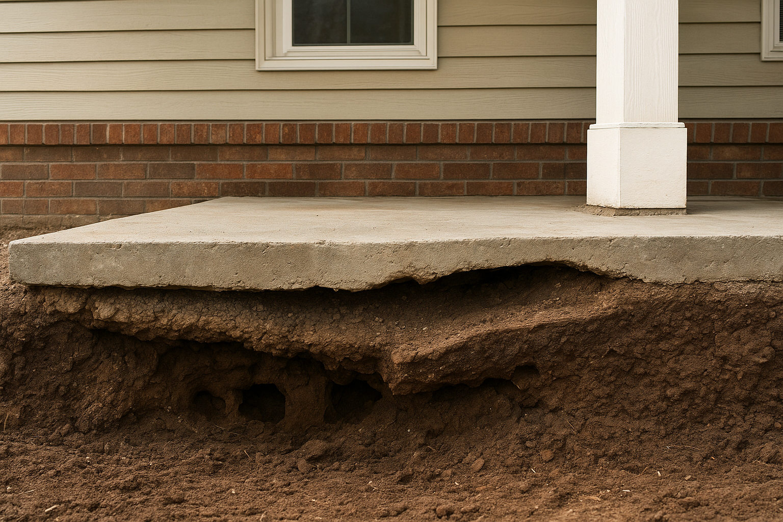Concrete patio with settling and void underneath showing need for leveling repair