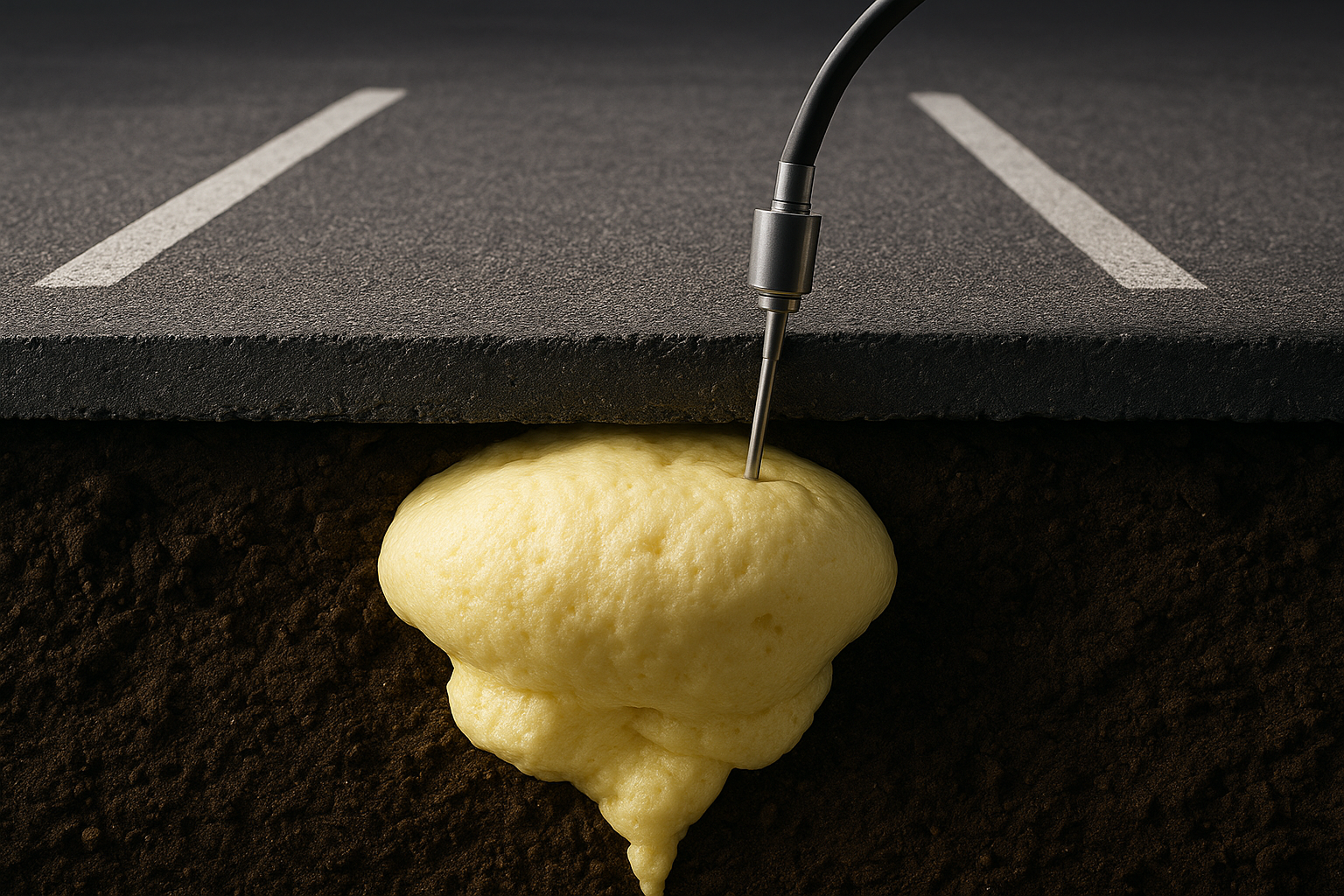 Commercial parking lot concrete repair showing polyurethane foam injection process