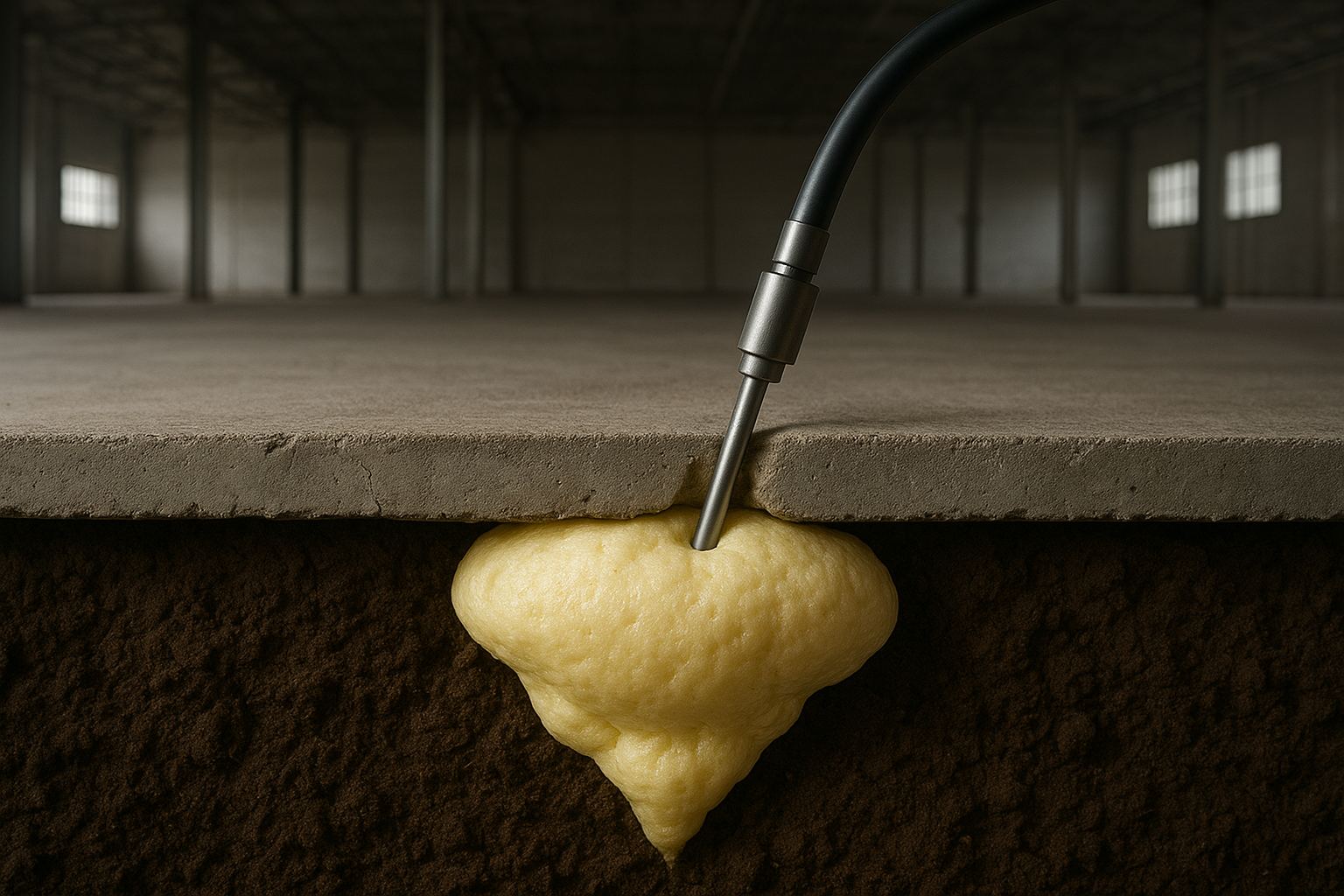 Polyurethane foam being injected under warehouse concrete floor