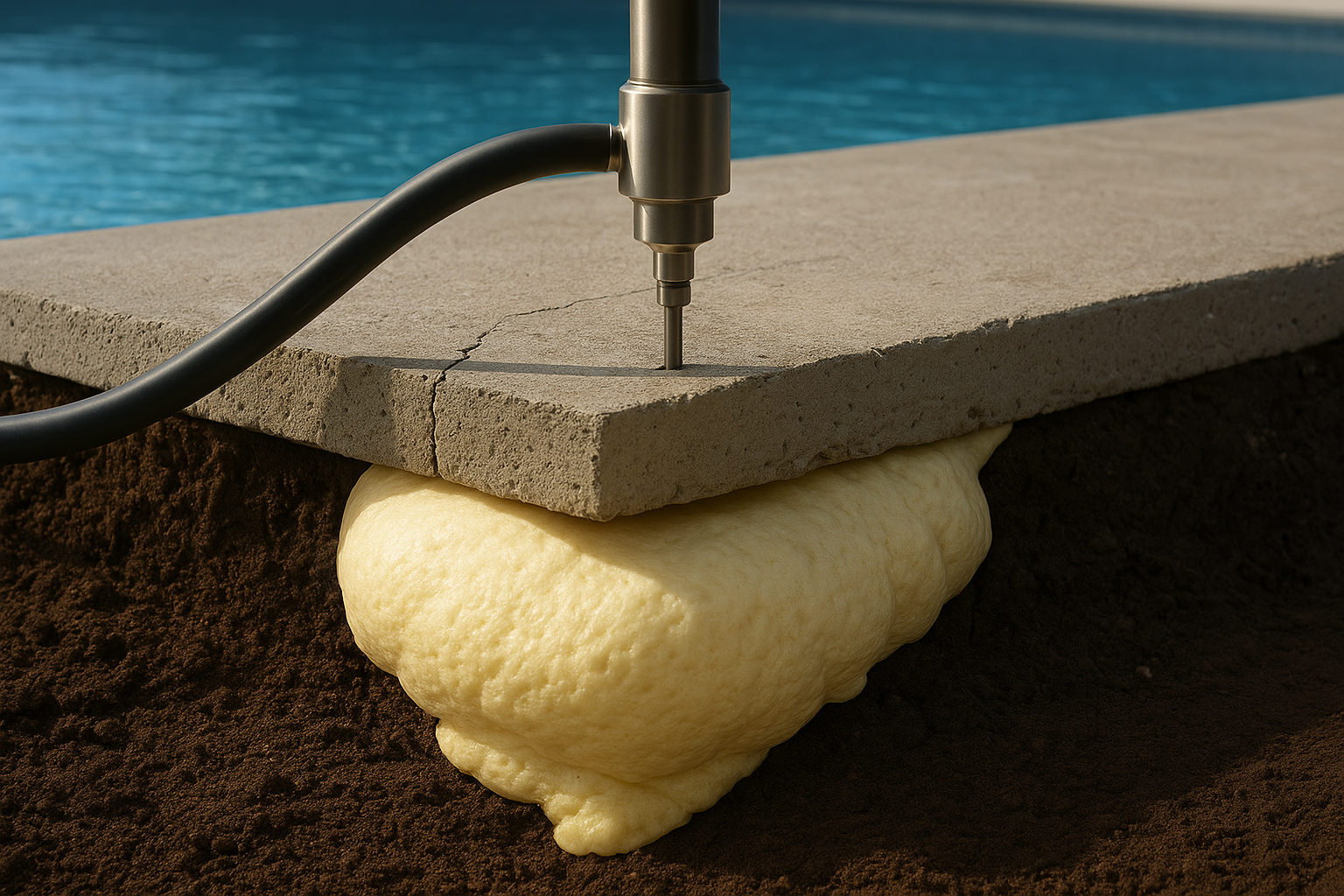Polyurethane foam injection being performed on a cracked pool deck, showing the repair process in action