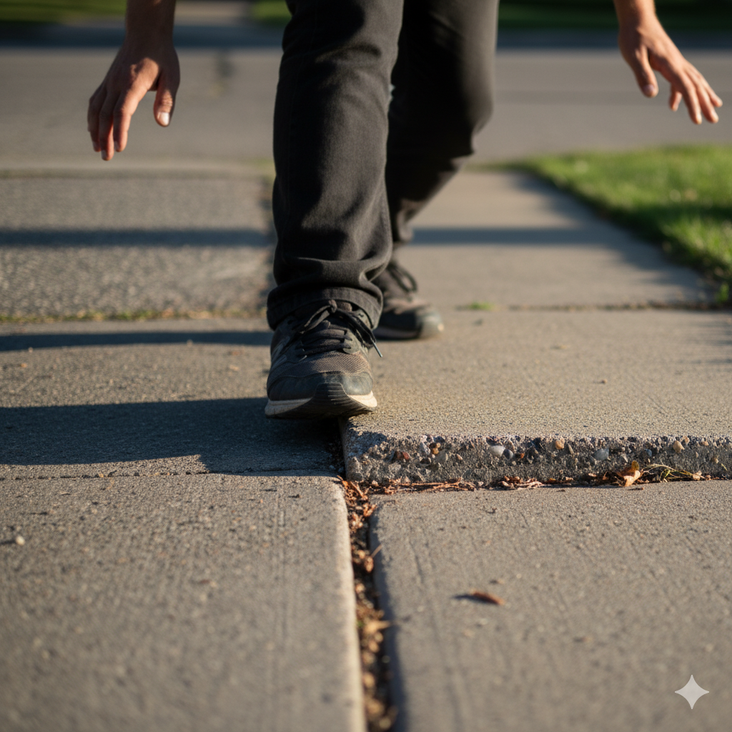 Person stepping near dangerous concrete crack creating trip hazard